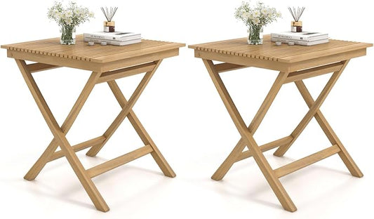 Tangkula 27.5 Inch Teak Wood Patio Dining Table, Square Outdoor Bistro Table with Slatted Tabletop, Sturdy Wood Frame & Thickened Top, Teak Outside Dining Table for Balcony, Deck, Backyard, 2 Pack