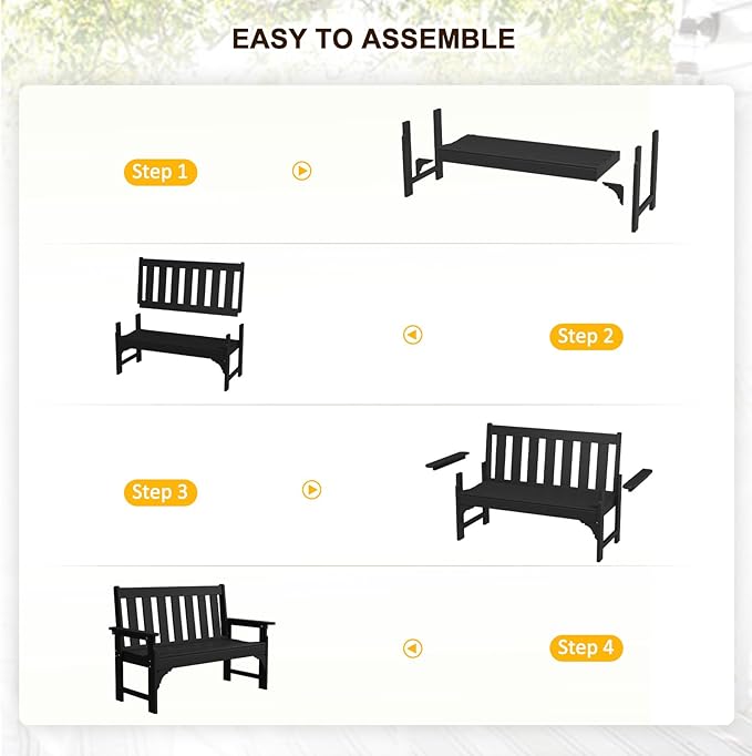 nalone Outdoor Bench, HDPE All Weather Patio Bench Load up to 800 Lbs, 2-Person Garden Bench Rot-Proof Fade Proof for Patio, Porch, and Park (Black)
