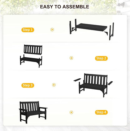 nalone Outdoor Bench, HDPE All Weather Patio Bench Load up to 800 Lbs, 2-Person Garden Bench Rot-Proof Fade Proof for Patio, Porch, and Park (Black)