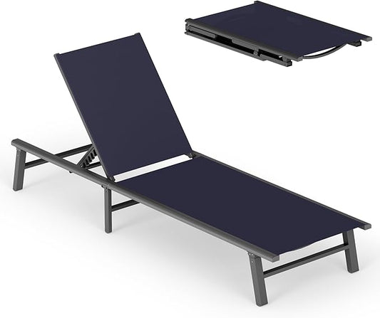 Ciokea Foldable Outdoor Lounge Chair, No Assembly Patio Chaise Lounge Outdoor with 5-Positions, Aluminum Pool Lounge Chair with Portable Design for Pool, Beach, Deck, Backyard, Navy Blue