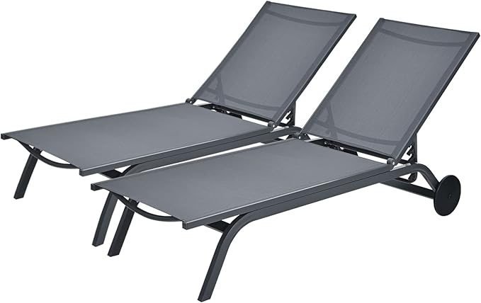 Tangkula 2 Pieces Outdoor Aluminum Chaise Lounge, Patio Lounge Recliner Chair w/6 Adjustable Backrest, Reclining Chaise Chair with Wheels for Beach, Yard, Balcony, Poolside (2, Gray)