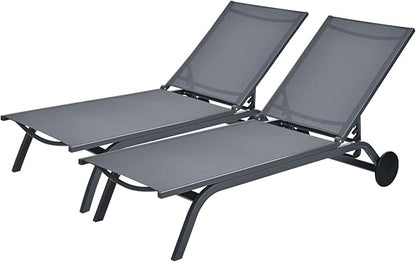 Tangkula 2 Pieces Outdoor Aluminum Chaise Lounge, Patio Lounge Recliner Chair w/6 Adjustable Backrest, Reclining Chaise Chair with Wheels for Beach, Yard, Balcony, Poolside (2, Gray)