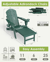GREENVINES Adjustable Adirondack Chair with Retractable Ottoman Set of 2 | Folding | HDPE Plastic - Photo 3