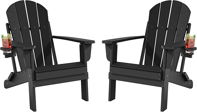 Folding Adirondack Chairs Set of 2, All-Weather Resistant HDPE Patio Firepit Chairs, Sturdy Outside Chairs with Cup Holder, Lawn Chairs, 80% Pre-Installed Load Capacity 385lb, Black