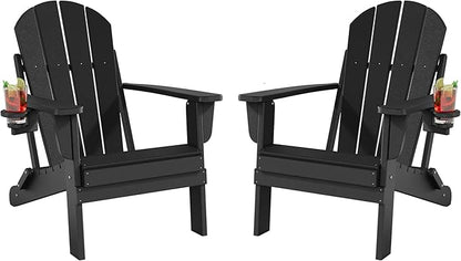 Folding Adirondack Chairs Set of 2, All-Weather Resistant HDPE Patio Firepit Chairs, Sturdy Outside Chairs with Cup Holder, Lawn Chairs, 80% Pre-Installed Load Capacity 385lb, Black