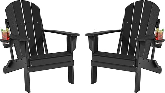 Folding Adirondack Chairs Set of 2, All-Weather Resistant HDPE Patio Firepit Chairs, Sturdy Outside Chairs with Cup Holder, Lawn Chairs, 80% Pre-Installed Load Capacity 385lb, Black