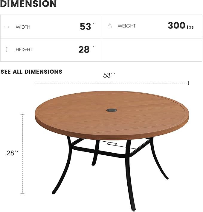 Patio Dining Table for 6-8, Round Metal Outdoor Table with 1.57" Umbrella Hole, 53" Outdoor Slat Tabletop Dining Table for Backyard, Porch, Lawn, Walnut