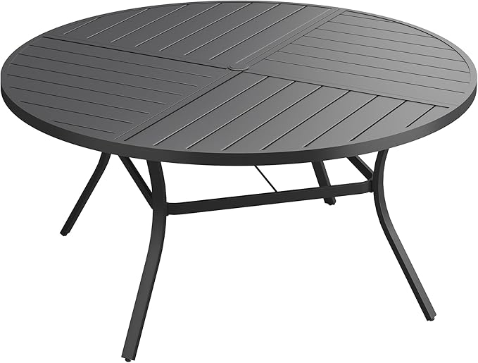 Patio Dining Table for 6, Round Metal Outdoor Table with Storage Shelf, 1.57" Umbrella Hole, 50" Outdoor Quartered Tabletop Dining Table for Backyard, Porch, Lawn, Black
