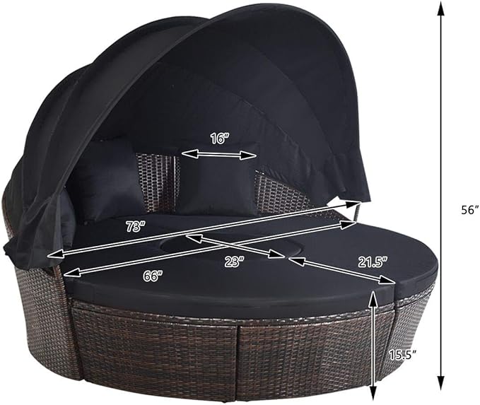 HAPPYGRILL Patio Daybed with Canopy Outdoor Furniture Set Sofa Set Rattan Wicker Round Daybed with Soft Cushions Coffee - Photo 8