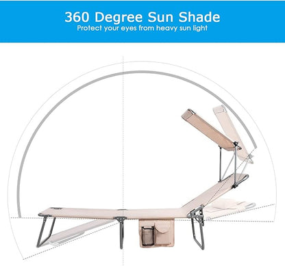COSTWAY Beach Lounge Chair, Foldable Chaise Lounge with Canopy, Adjustable Backrest & Side Pocket, Tanning Chair for Seaside, Pool, Patio (Beige)