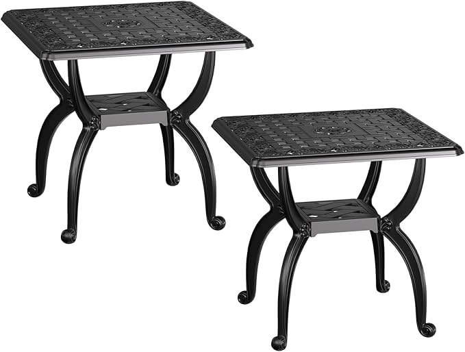 Square Outdoor Coffee Table Set of 2, Cast Aluminum Side Table with Storage,Indoor End Table, All-Weather Bistro Table for Patio Garden Lawn, Black