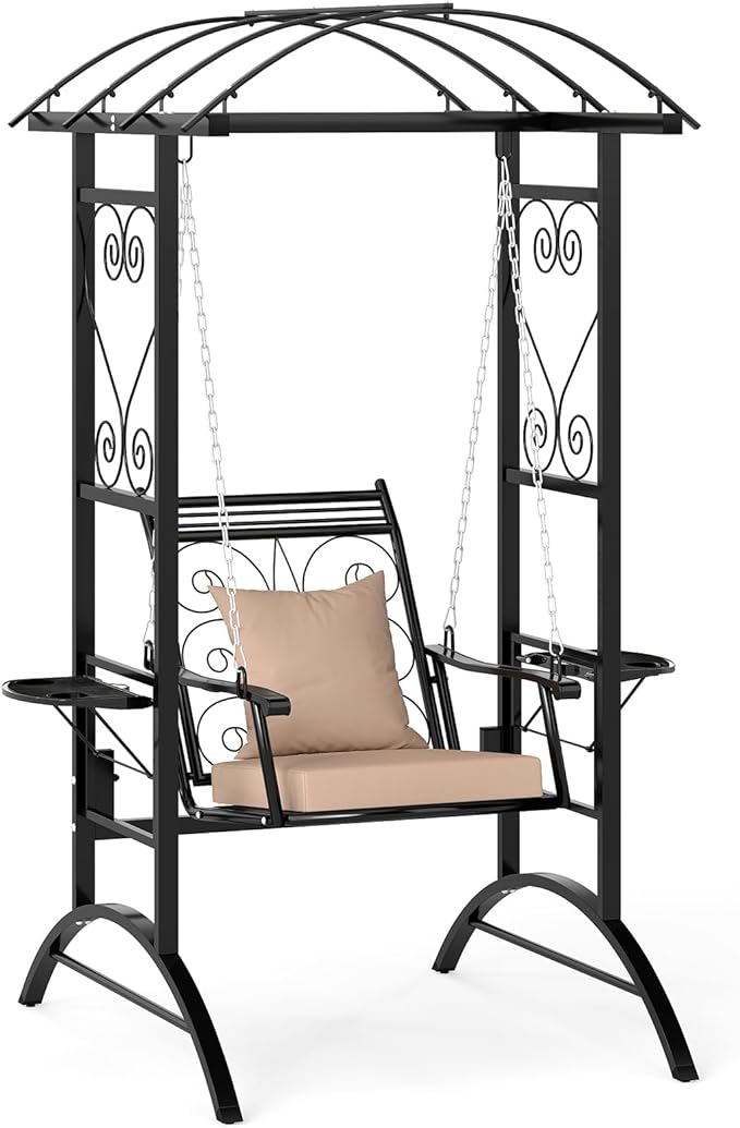 Tangkula Porch Swing with Stand, Outdoor Patio Swing with Heavy-Duty Metal Frame, Arch Trellis, Removable Cushions, Side Tables, Armrests for Garden, Balcony, Backyard and Poolside
