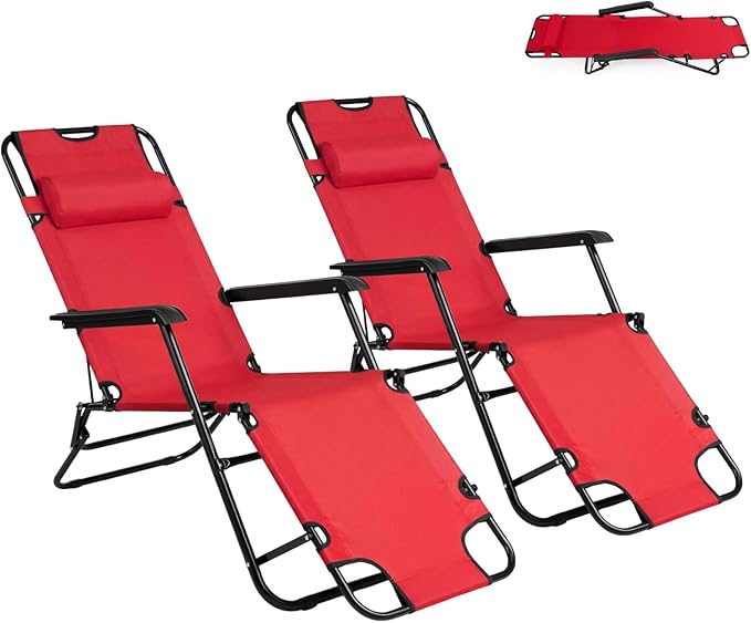 Outvita Folding Chaise Lounge Chair, Outdoor Adjustable Recliner Chair with Pillow for Camping, Beach, Poolside, Garden, Backyard, Lawn