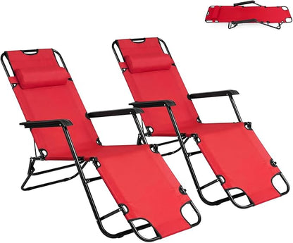 Outvita Folding Chaise Lounge Chair, Outdoor Adjustable Recliner Chair with Pillow for Camping, Beach, Poolside, Garden, Backyard, Lawn