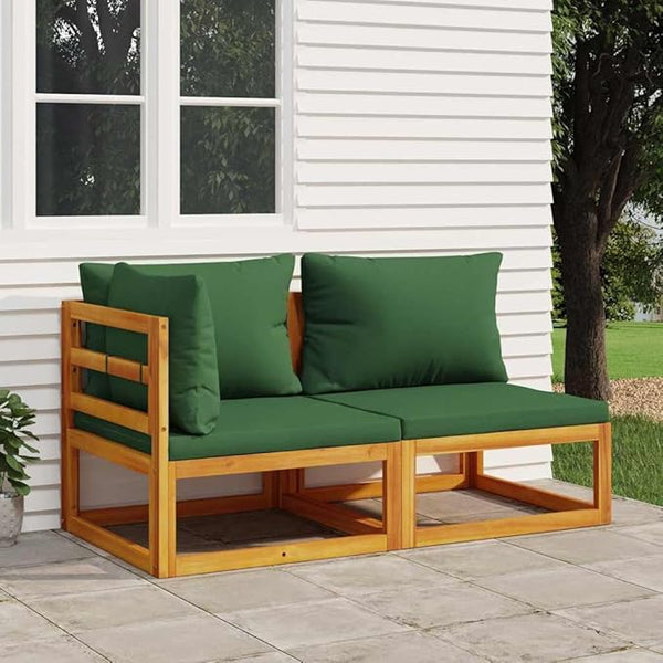 Garden Sofa Set, Natural Acacia Wood, Green Cushions, Modular Outdoor Seating for Patio Balcony Backyard - Photo 1