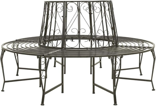 Round Steel Garden Tree Bench for Outdoor Seating with Weathered Grey Finish Accommodates Six Persons Durable Construction Easy Assembly