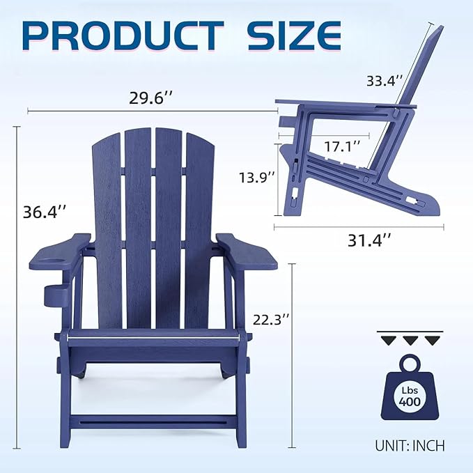 FONTOI Adirondack Chair, Plastic Adirondack Chair with Cup Holder, Outdoor Weather Resistant Lawn Furniture, 400 LBS Capacity Recliner, Garden Backyard Patio Without Screws Install, Navy Blue