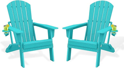 Folding Adirondack Chair Set of 2，Wooden Textured Fire Pit Chair with Cup Holder, Heavy All-Weather HDPE Plastic Outdoor Patio Chairs for Poolside Backyard Patio Outdoor Garden