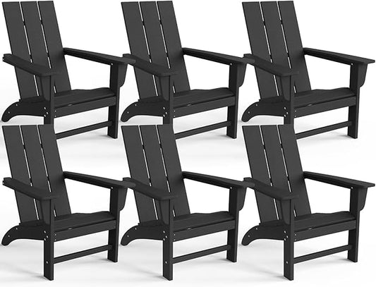 Modern Adirondack Chairs Set of 6, HDPE Plastic Patio Chairs for All Weather, Fire Pit Chair, Outdoor Lawn Chairs for Deck, Porch, Backyard, Garden, Black