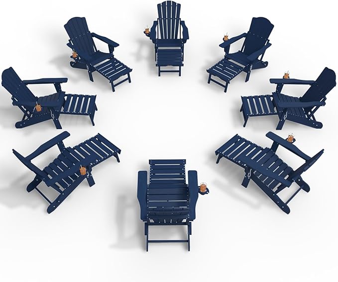 Adjustable Adirondack Chairs with Retractable Ottoman Set of 8, HDEP Folding Adirondack Chair with Footrest & Cup Holder, All Weather Fire Pit Chair for Outdoor,Navy Blue