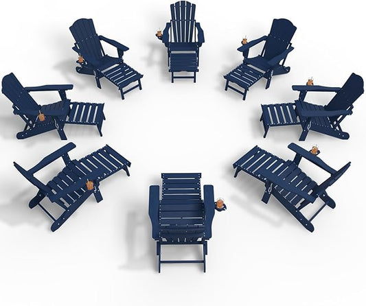Adjustable Adirondack Chairs with Retractable Ottoman Set of 8, HDEP Folding Adirondack Chair with Footrest & Cup Holder, All Weather Fire Pit Chair for Outdoor,Navy Blue
