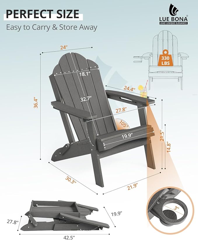 LUE BONA Folding Adirondack Chair, Chairs Set of 6, Cup Holder, Woodgrain, Fire Pit, Patio, Pool, Dark Grey - Photo 2