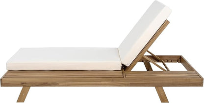 Christopher Knight Home Dami Patio Chaise Lounge Chair Outdoor with 4-Thick Cushion, Acacia Wood Poolside Sun Lounger, Space Available On One Side, Adjustable Backrest Pool Lounger, Light Brown+Cream