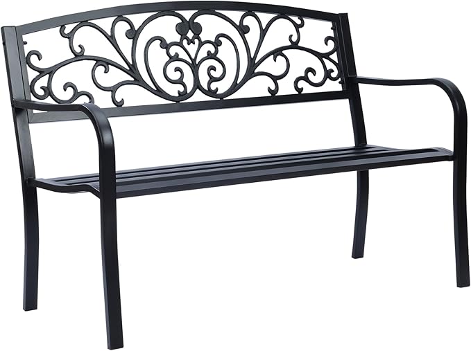 Simply Elegant Flora Metal Park Patio Bench, Outdoor Bench in Black for Porch, Lawn, Garden, Deck by Sun-Ray