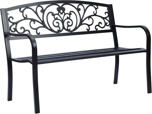 Simply Elegant Flora Metal Park Patio Bench, Outdoor Bench in Black for Porch, Lawn, Garden, Deck by Sun-Ray