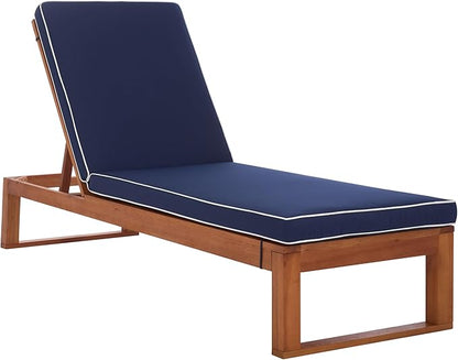 SAFAVIEH Outdoor Patio Furniture Collection - Sophie Natural Solid Wood Lounger with Navy Cushion & White Piping, Adjustable Backrest, Chaise Lounge Chair (PAT7101B)