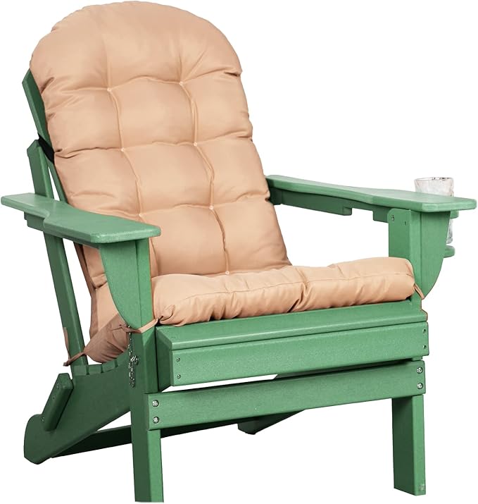 Oversized Adirondack Chair with Cushion & Cup Holder, HDPE Weather Resistant Folding Adirondack Chair for Adults, Outdoor Fire Pit Chairs for Patio/Porch/Swimming Pool/Garden (1, Green)