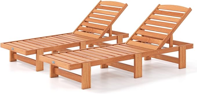 COSTWAY Solid Wood Chaise Lounge, Outdoor Lounge Chair with 5-Position Adjustable Backrest, Wooden Patio Lounger for Sunbathing, Yard, Teak Oil Finished (2)