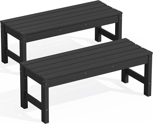 SERWALL 47 Inches Outdoor Bench Set of 2, All Weather HDPE Backless Bench with Wood Grain Texture for Garden Porch and Park, Curved Bench Seat for Comfort, Black