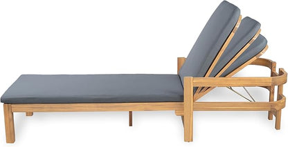 Christopher Knight Home Kayas Acacia Wood Chaise Lounge with Adjustable Backrest, 77.5" Outdoor Sun Lounger with Cushion, Patio Lounger Recliner Chair for Poolside Lawn, Light Teak+Gray, Set of 2