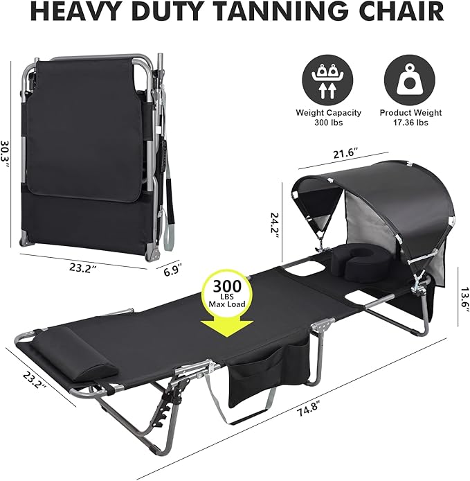 Tanning Chair with Sun Canopy Face Hole Softer Padded Adjustable Washable - Photo 2