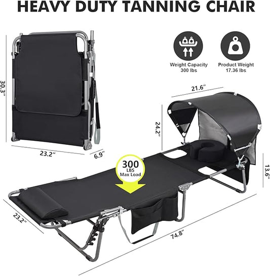 Tanning Chair with Sun Canopy Face Hole Softer Padded Adjustable Washable, Heavy Duty Layout Folding Lounge Chair for Adults Outside Beach Reading Sunbathing Poolside Lawn, UPF 50+ Sun Shade, 300 LBS