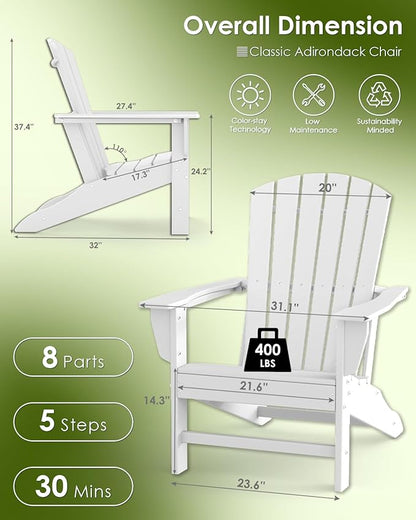 GREENVINES Adirondack Chairs Set of 4 | HDPE Plastic | Oversized Fire Pit Chair | All Weather | White | Poly Lumber | for Outdoor Deck Backyard Patio Garden