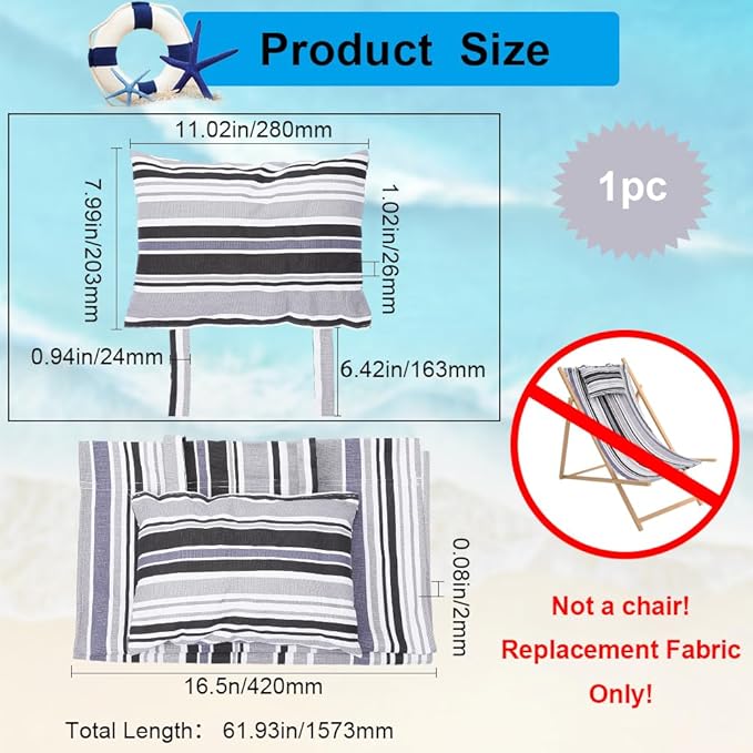GORGECRAFT Beach Sling Chair Canvas Cloth with Pillow 44x17 Grey and Black Stripes Casual Lounge Chair Replacement Canvas Outdoor Folding Chair Fabric for Patio Beach Sunbathing Garden Courtyard