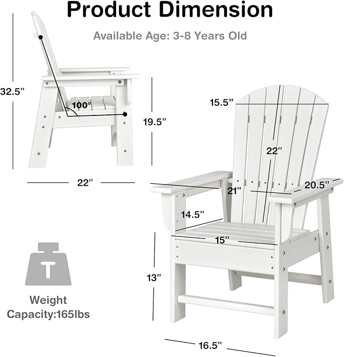 Giantex Adirondack Chair, Kids HDPE Patio Lawn Chair with Ergonomic Backrest for Deck, Porch, Backyard, Poolside, Indoor, Weather Resistance Toddler Outdoor Chair (1, White)