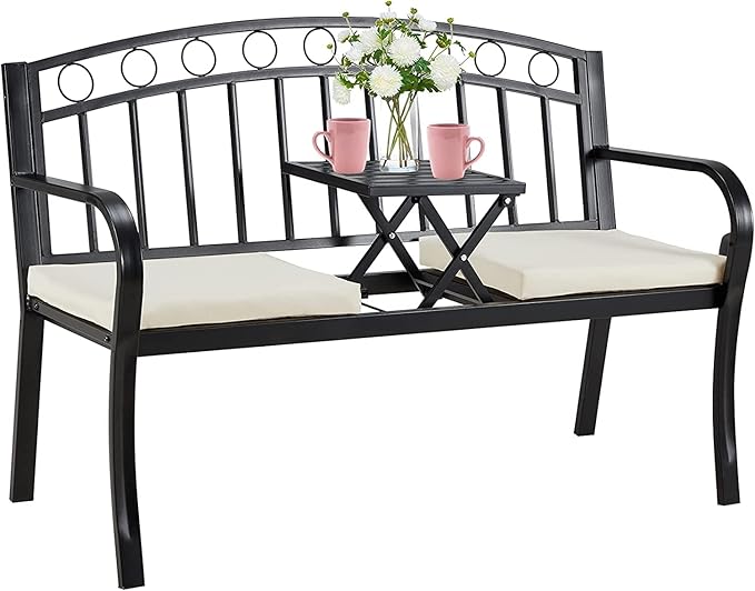 AVAWING Outdoor Metal Garden Bench, 2-Seat Patio Porch Bench with Steel Frame - Photo 1