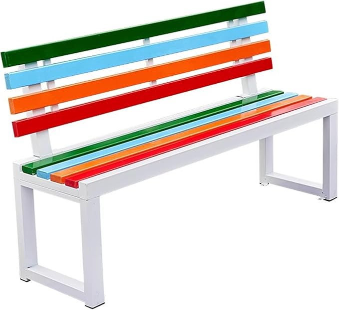 Outdoor Garden Bench, Metal Bench with Backrest, Park Patio Bench, Wooden Stool Surface, for Porch, Yard, Park, Lawn(White B,150cm/59in)
