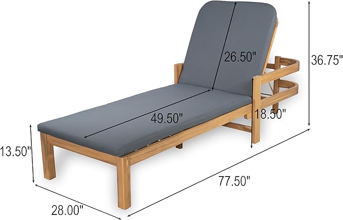 Christopher Knight Home Kayas Acacia Wood Chaise Lounge with Adjustable Backrest, 77.5" Outdoor Sun Lounger with Cushion, Patio Lounger Recliner Chair for Poolside Lawn, Light Teak+Gray, Set of 2