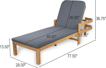 Christopher Knight Home Kayas Acacia Wood Chaise Lounge with Adjustable Backrest, 77.5" Outdoor Sun Lounger with Cushion, Patio Lounger Recliner Chair for Poolside Lawn, Light Teak+Gray, Set of 2