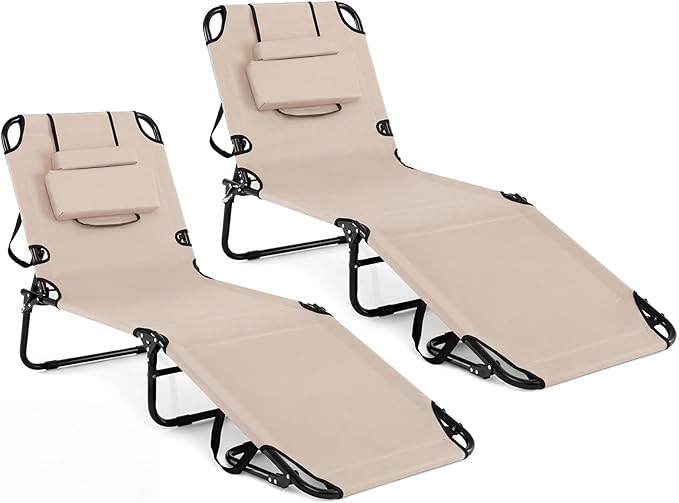 Tangkula Beach Lounge Chair, Folding Sunbathing Recliner with Face Hole, Face Down Tanning Chair with 4-Level Adjustable Backrest & 3 Removable Pillows, Chaise Lounge Chair for Patio (2, Beige)