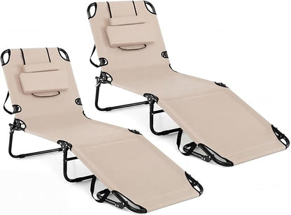 Tangkula Beach Lounge Chair, Folding Sunbathing Recliner with Face Hole, Face Down Tanning Chair with 4-Level Adjustable Backrest & 3 Removable Pillows, Chaise Lounge Chair for Patio (2, Beige)