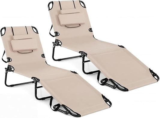 Tangkula Beach Lounge Chair, Folding Sunbathing Recliner with Face Hole, Face Down Tanning Chair with 4-Level Adjustable Backrest & 3 Removable Pillows, Chaise Lounge Chair for Patio (2, Beige)