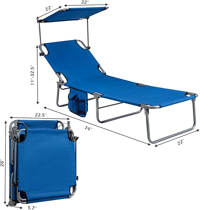 Giantex Tanning Chair, Patio Chaise Lounge Chair with 5 Adjustable Position, Shade Canopy, Storage Pocket, Camping Cot, Outdoor Sunbathing Recliner for Poolside, Lawn Folding Beach Chairs(1, Navy)
