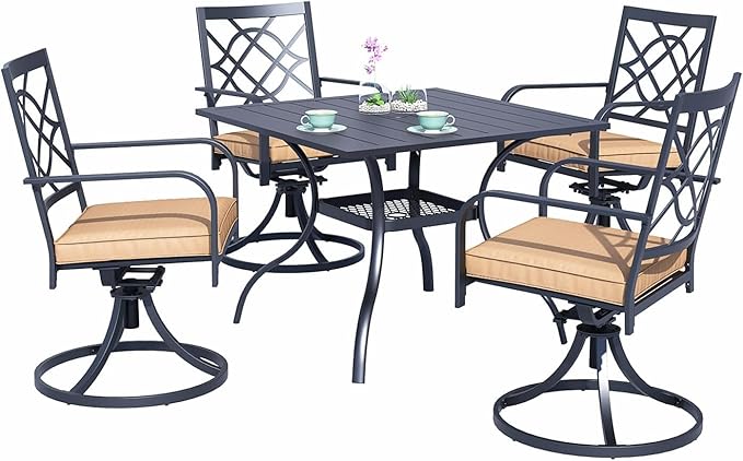 SUNCROWN 5-Piece Outdoor Dining Set Metal Swivel Cushioned Chairs Patio Furniture Sets with Steel Slat Bistro Table for Backyard, Lawn, Garden, Deck, Poolside