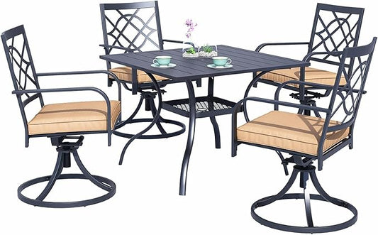SUNCROWN 5-Piece Outdoor Dining Set Metal Swivel Cushioned Chairs Patio Furniture Sets with Steel Slat Bistro Table for Backyard, Lawn, Garden, Deck, Poolside