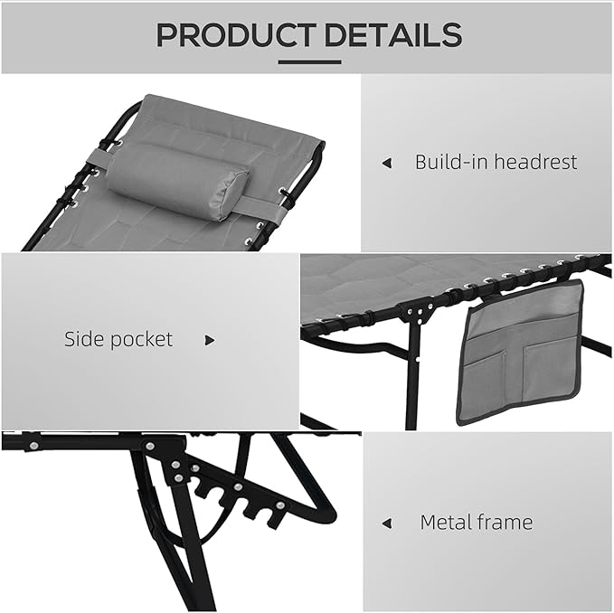 Outsunny Padded Folding Chaise Lounge Chair Outdoor Set of 2, 5-Level Reclining Patio Loungers, Tanning Chairs with Side Pocket, Headrest and Carrying Handle for Beach, Yard, Patio, Gray